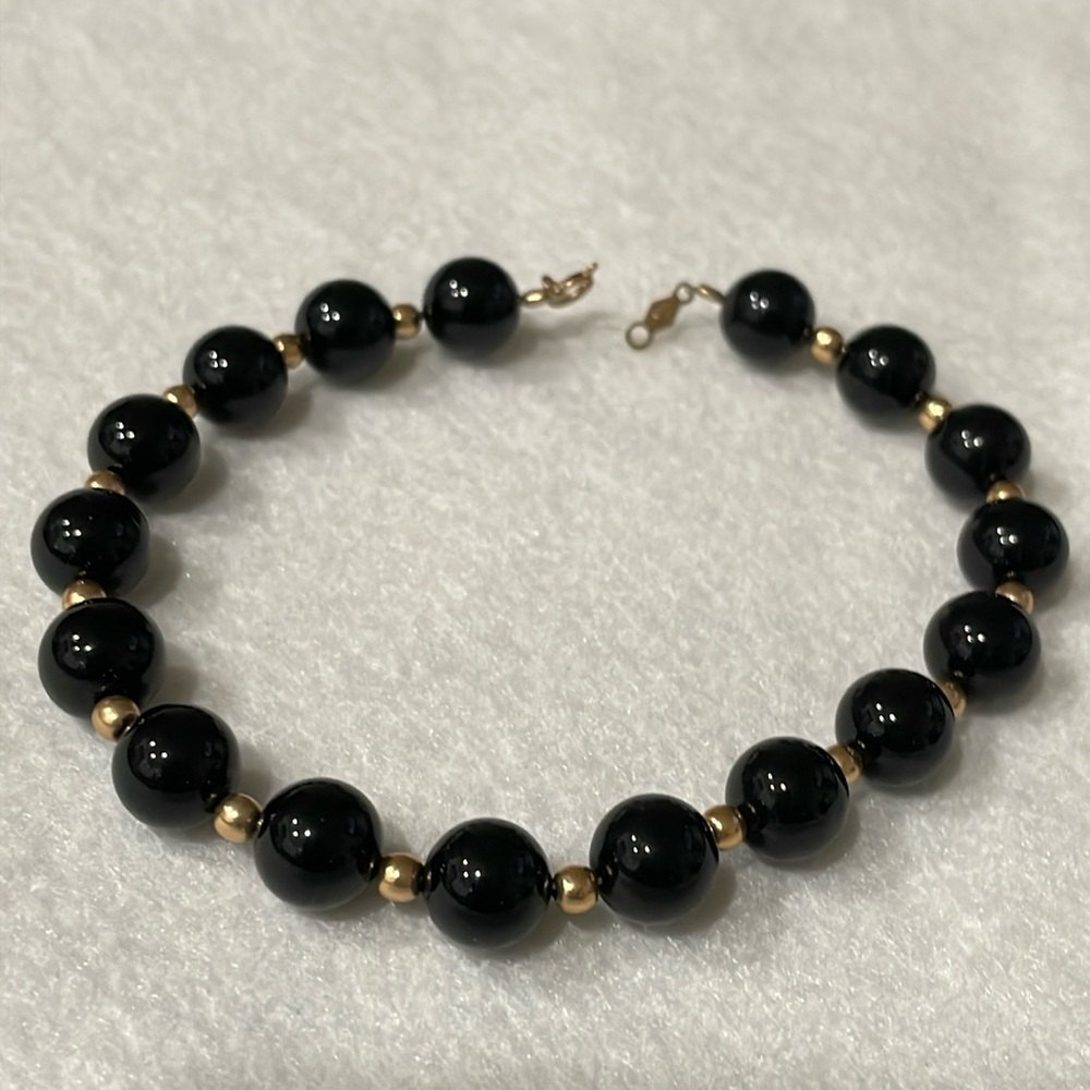 14K Vintage Yellow Gold Big Black Onyx Gold Ball 8 Inch Bracelet 🇺🇸SALE🇺🇸